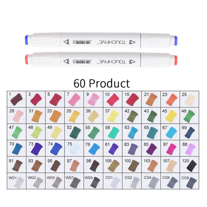 60-product-white TOUCHFIVE 60 цветов Ручка Маркер Набор двойная головка эскиз маркеры дешевые спиртовой фломастер для рисования манга анимационный дизайн художественные принадлежности - Цвет: 60-product-white