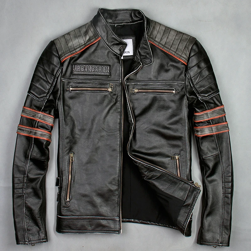 

Mens Black Genuine Leather Coats Vinatge Frayed Embroidery Skull Pattern Leather Jackets Short Slim Stand Collar Biker Coats