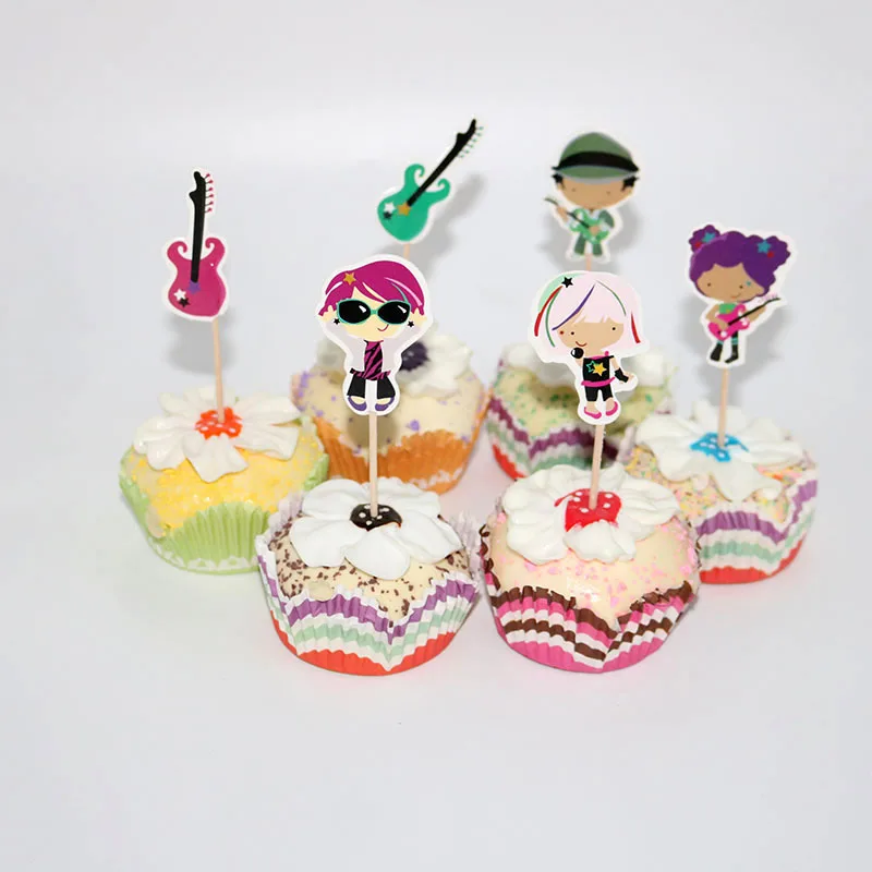 24Pcs Guitar Bass Rock Boy And Girl Cupcake Toppers Cartoon Cake Decorations For Wedding Kids Birthday Party Supplies | Дом и сад