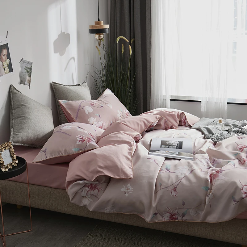 Новый мягкий Шелковый сатин 4 шт. простыня розовый цветок с растениями двойное