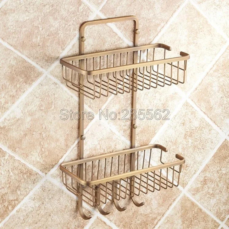

Vintage Antique Brass Wall Mounted Bathroom Soap / Sponge Shower Storage Basket With Hooks Cba109