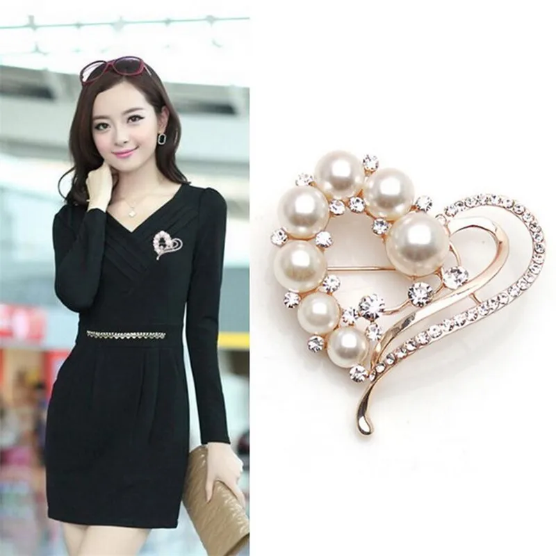 Роскошная брошь в форме сердца с прозрачными кристаллами искусственным жемчугом