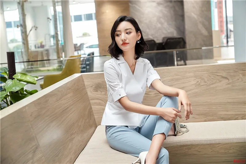 Новинка белые стильные женские блузки и рубашки OL женская летняя рабочая одежда