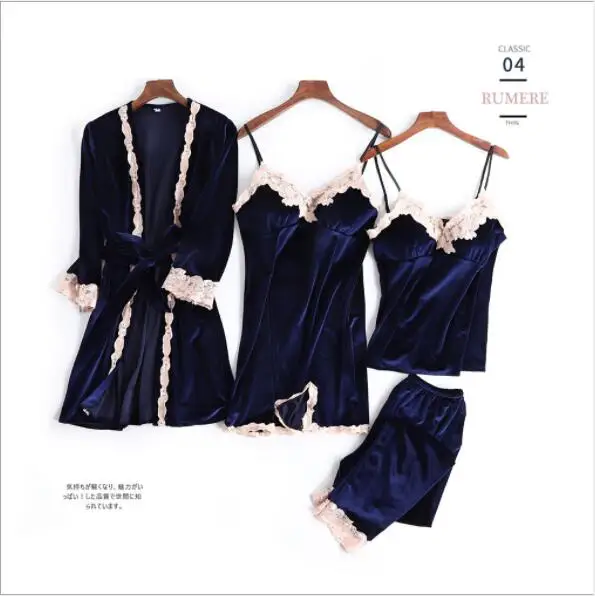 Women Spring Pajamas Set Pijama Sexy Home Suit Female Gold Velvet 4 Piece Sleepwear Pyjama Femme Tracksuit Night Fdfklak | Женская