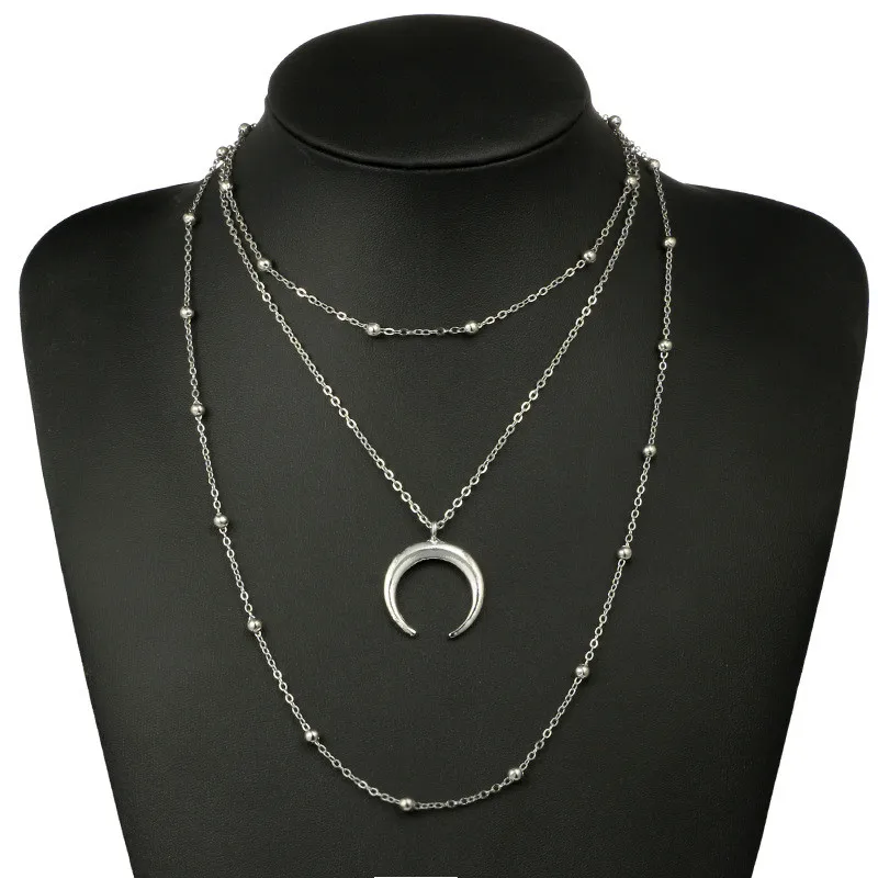 

Simple Multi Layer Moon Beads Pendant Necklace Silver Color Chain Collar Necklace For Women Wedding Jewelry