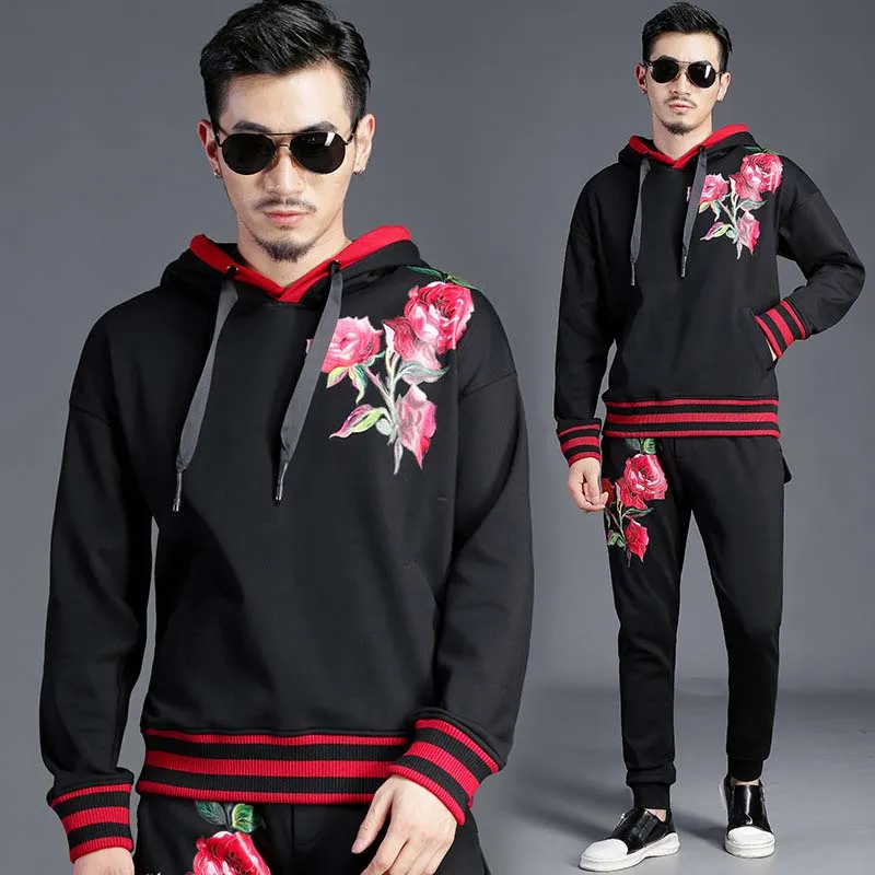 New Fashion Floral Print Hoodies Tracksuits Set Men Casual Sweatshirt 2 PCS Sets with Joggers Pants Pullover Jacket+Trousers