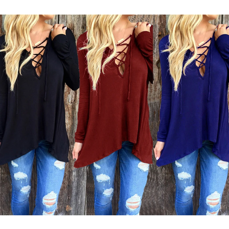 Для женщин футболка с длинными рукавами Осень 2016 повседневное v образные вырезы