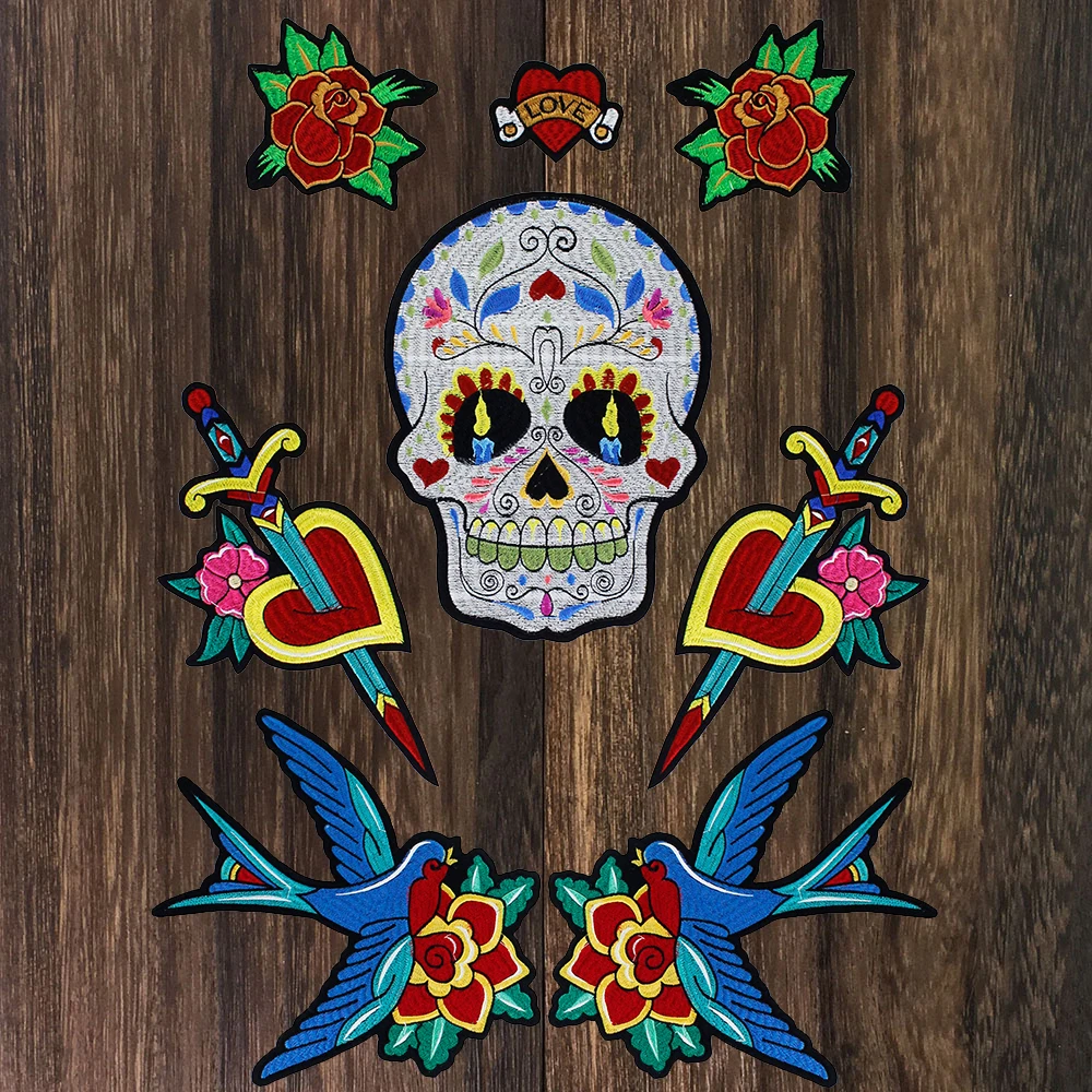 Большие нашивки с птицами цветами мечом сердцем черепом аппликация наклейки