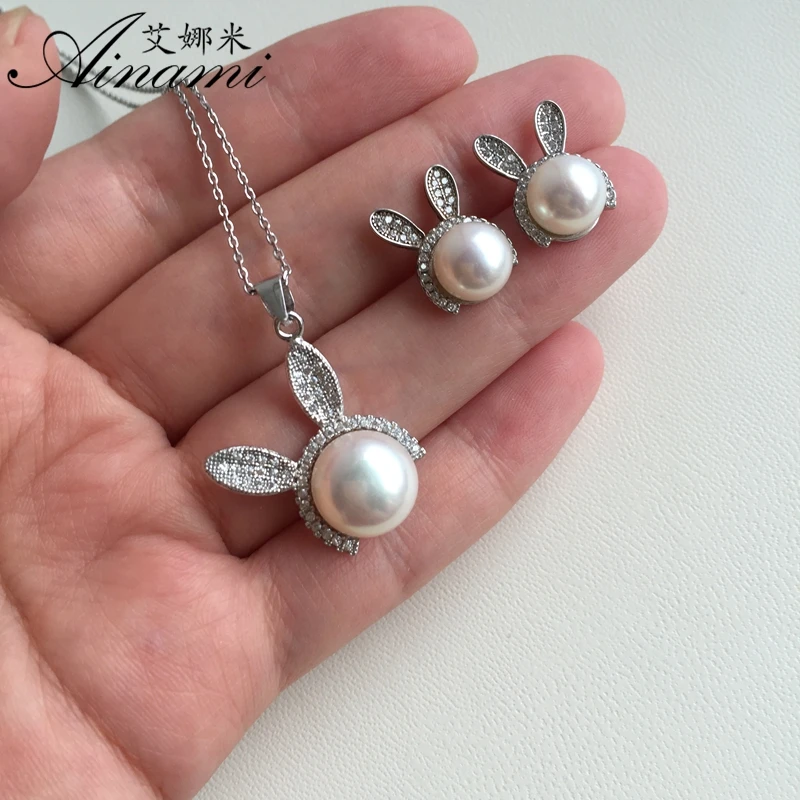 [Ainami] Rabbit Earrings 7-7.5mm Natural Freshwater Pearl Studs 925 Sterling Silver Brand Jewelry Free shiping | Украшения и