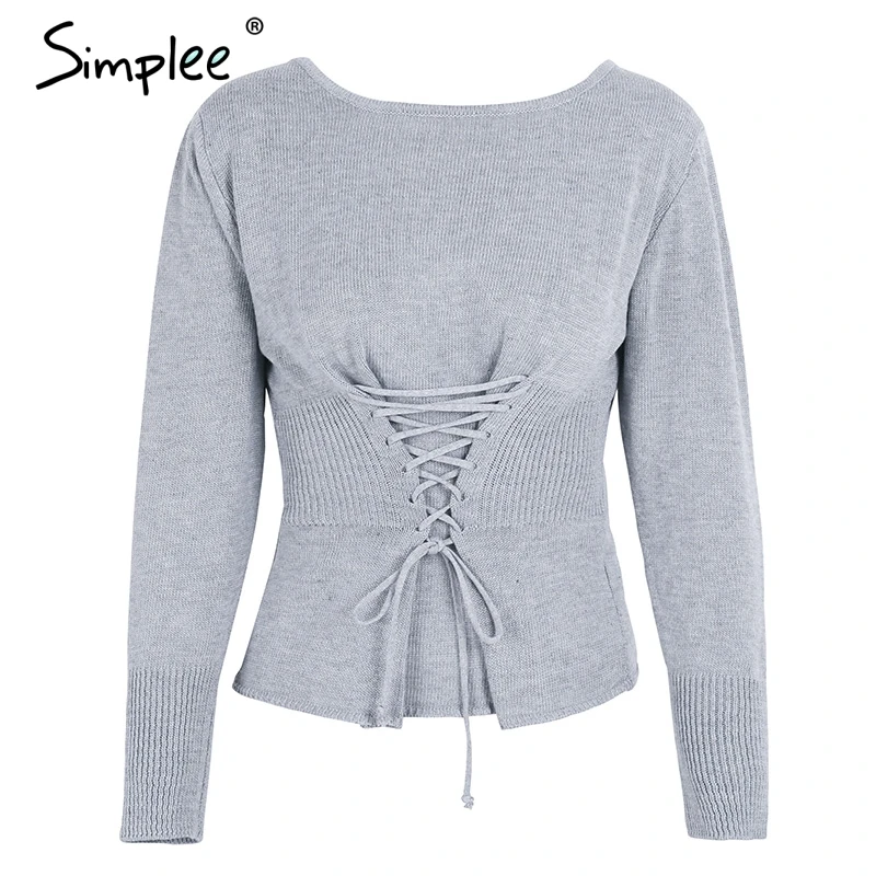 Женский черный вязаный свитер Simplee на завязке повседневный пуловер с округлым