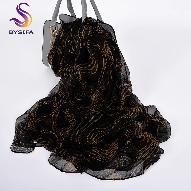 

[BYSIFA] Women Black Gold Silk Scarf Echarpe Summer Women Beach Shawl Cover-up Bufand Fall Winter Striped Long Scarves Wraps