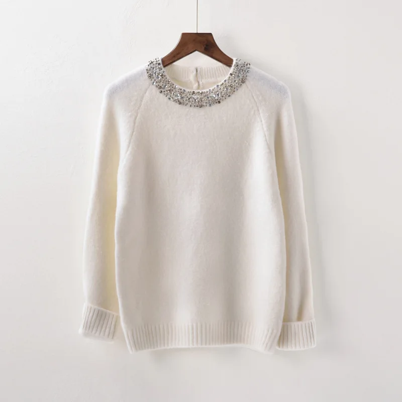 2018 Модный женский свитер с бусинами и круглым вырезом однотонный Повседневный
