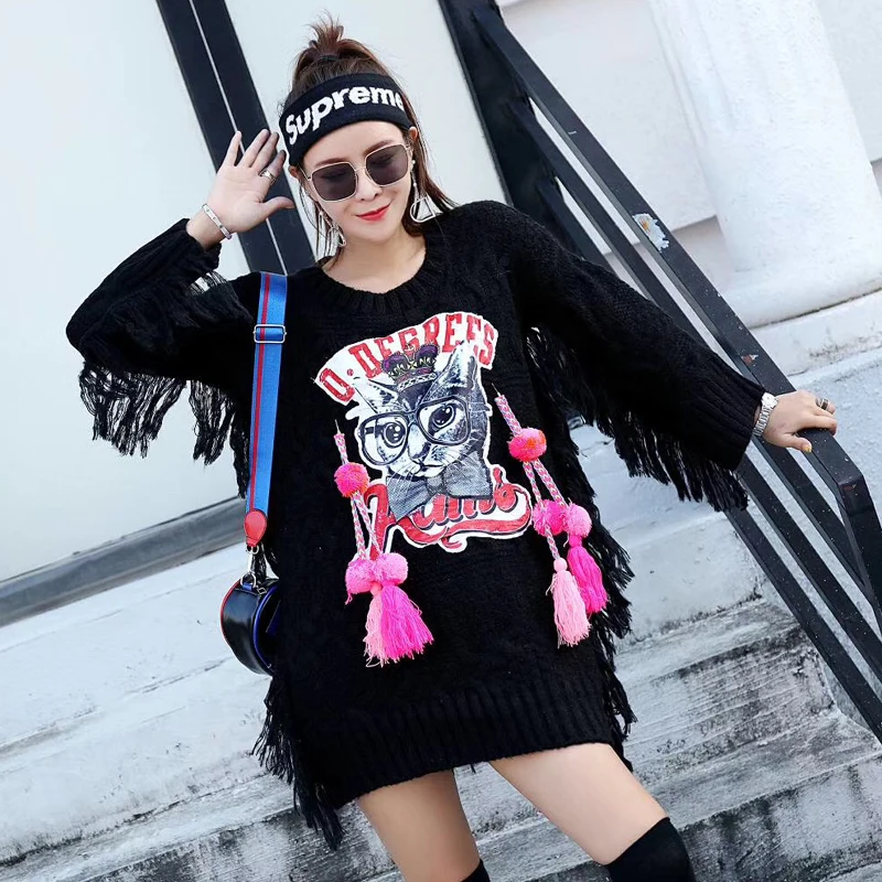 Lazy wind tassel sweater female loose European station 2018 autumn new cartoon sequins pullover tide card | Женская одежда