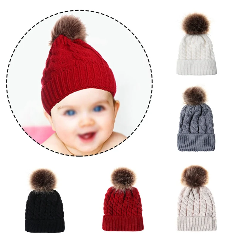 Newborn Baby Boy Kids Warm Hat Fur Bobble Knit Crochet Beanie Cap Children Winter Hats
