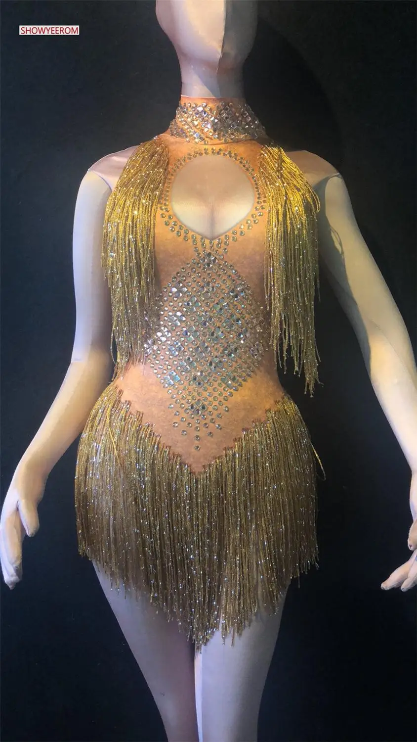 Блестящее боди с бахромой Женский костюм блестящими бусинами цельная