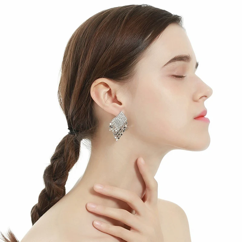 Square Rhinestone scale silver pin drop Earrings For Women Elegant Fashion Design Jewelry 1pair | Украшения и аксессуары
