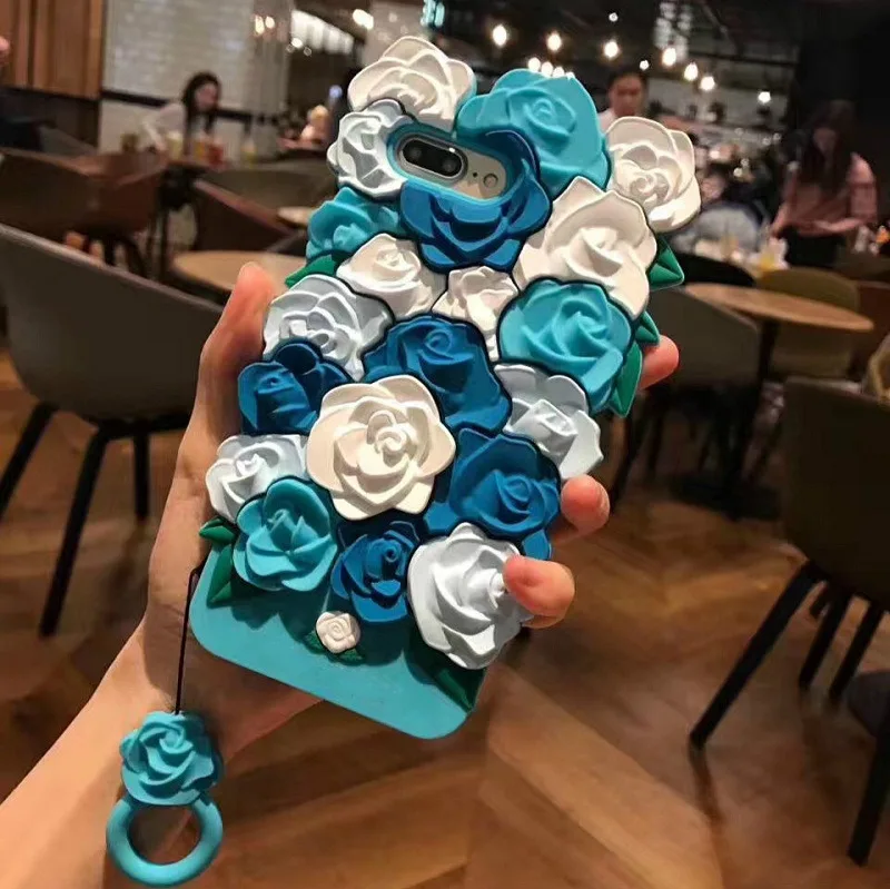 3D милый романтичный чехол для телефона с розами для iPhone XS MAX XR 8 7 Plus 6 6s Plus, мягкий силиконовый роскошный модный бесплатный ремешок - Цвет: c