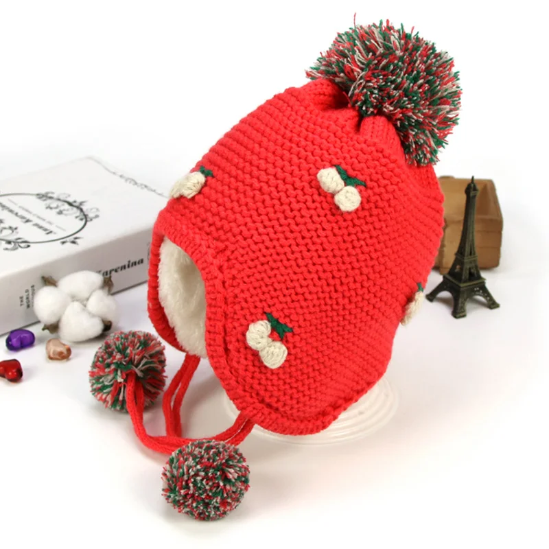 Cheery Knit Baby Hat Warm Velvet Winter For Girls Ear Protect Lace Up Beanie Pompom Cute Toddler Girl Clothing | Детская одежда и