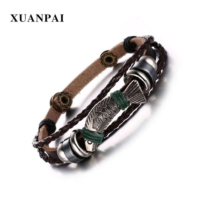 Мужские кожаные браслеты XUANPAI винтажные с рыбками ювелирные изделия 8 8&quot|bracelets