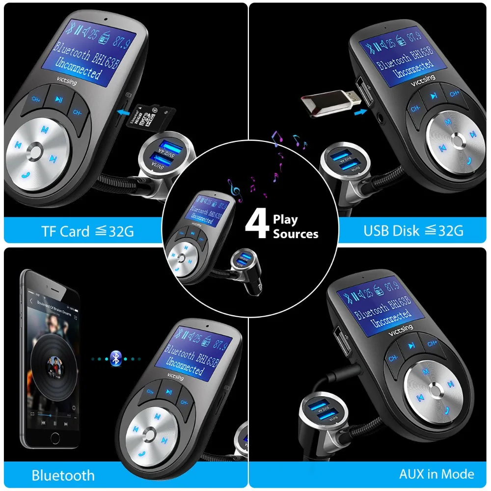 VicTsing новый Bluetooth передатчик беспроводной ручной автомобильный комплект MP3
