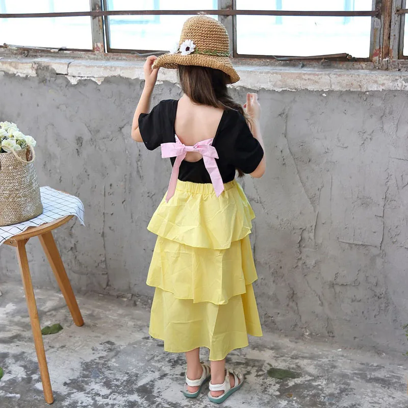 MERI AMMI 2pcs Clothing Outfit Set Baby Suit Black Top+TuTu Layer Shirt Fashion Bowknot Dressing For 2-11 Year Girl J556 | Детская