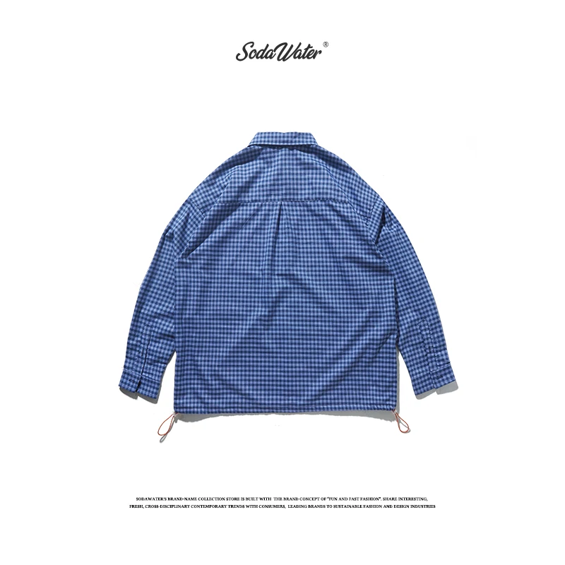 SODAWATER Men 2019 Autumn New Japan Style Oversize Pullover Plaid Shirt For Casual Blue Letter Long Sleeve 9296W | Мужская одежда