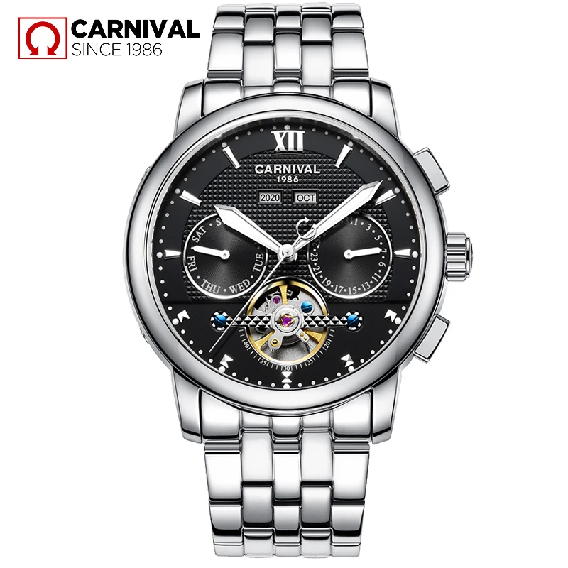 

2017 CARNIVAL Rose Gold Skeleton Mechanical Men Watche TopBrand Luxury Luminous Waterproof Business Casual Steel relogio