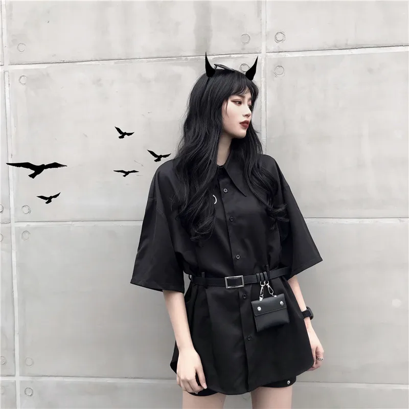 Готический панк кольцо воротник пояс сумка элегантная Свободная блузка Harajuku уличная Корейская женская длинная рубашка Топ черный хип хоп Blusas