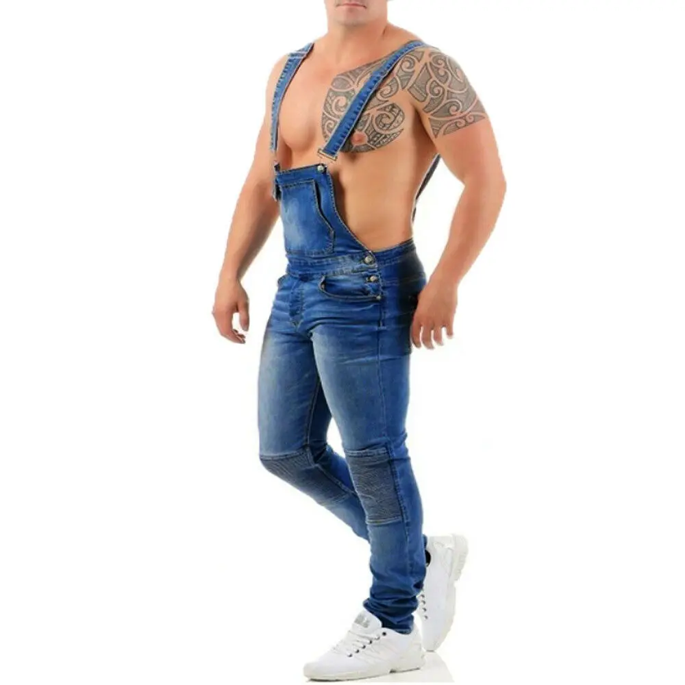 Синий Модные мужские рваные джинсы комбинезоны Hi Street Distressed Denim bib Комбинезоны для мужчин брюки на подтяжках Размер S-XXXL - Цвет: Синий