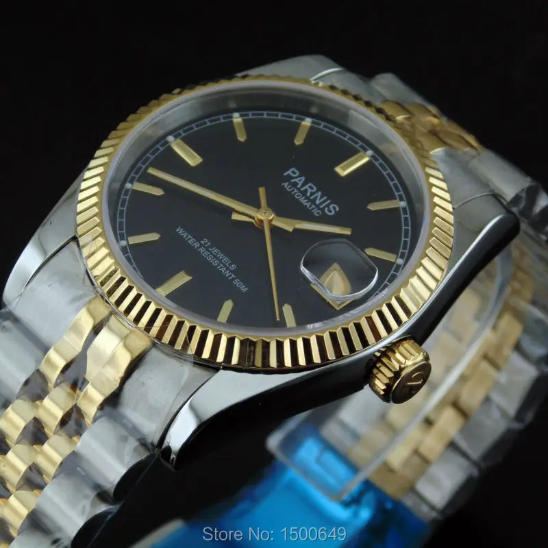 Женские часы с автоматическим механизмом Parnis черные циферблатом из черной стали