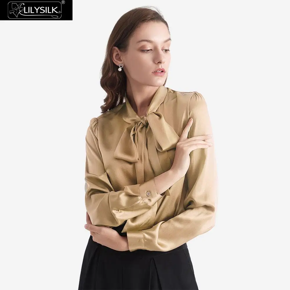 Light Camel LilySilk блуза шелковая с галстуком-бабочкой на шее Женская Новинка - Цвет: Light Camel