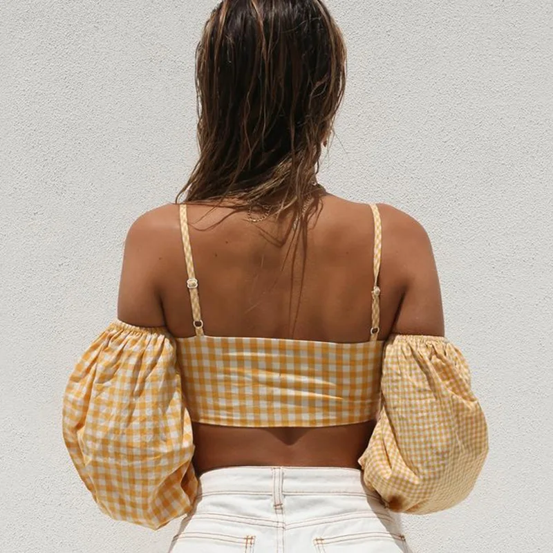 Summer Strapless Plaid Blouse T Shirts Women Solid Fashion Long Sleeve Casual Top Female Office Style Plus Size | Женская одежда