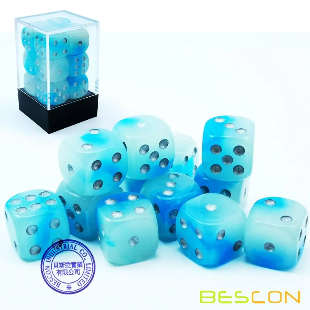 Bescon двухцветные Светящиеся Кости D6 16 мм 12 шт набор ледяных камней, 16 мм шестигранники(12) блок Светящиеся Кости