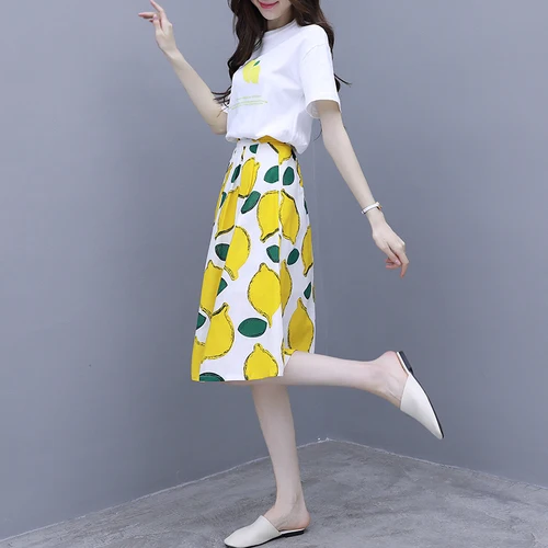 Женский комплект из 2 предметов белая футболка с принтом и юбка макси высокой