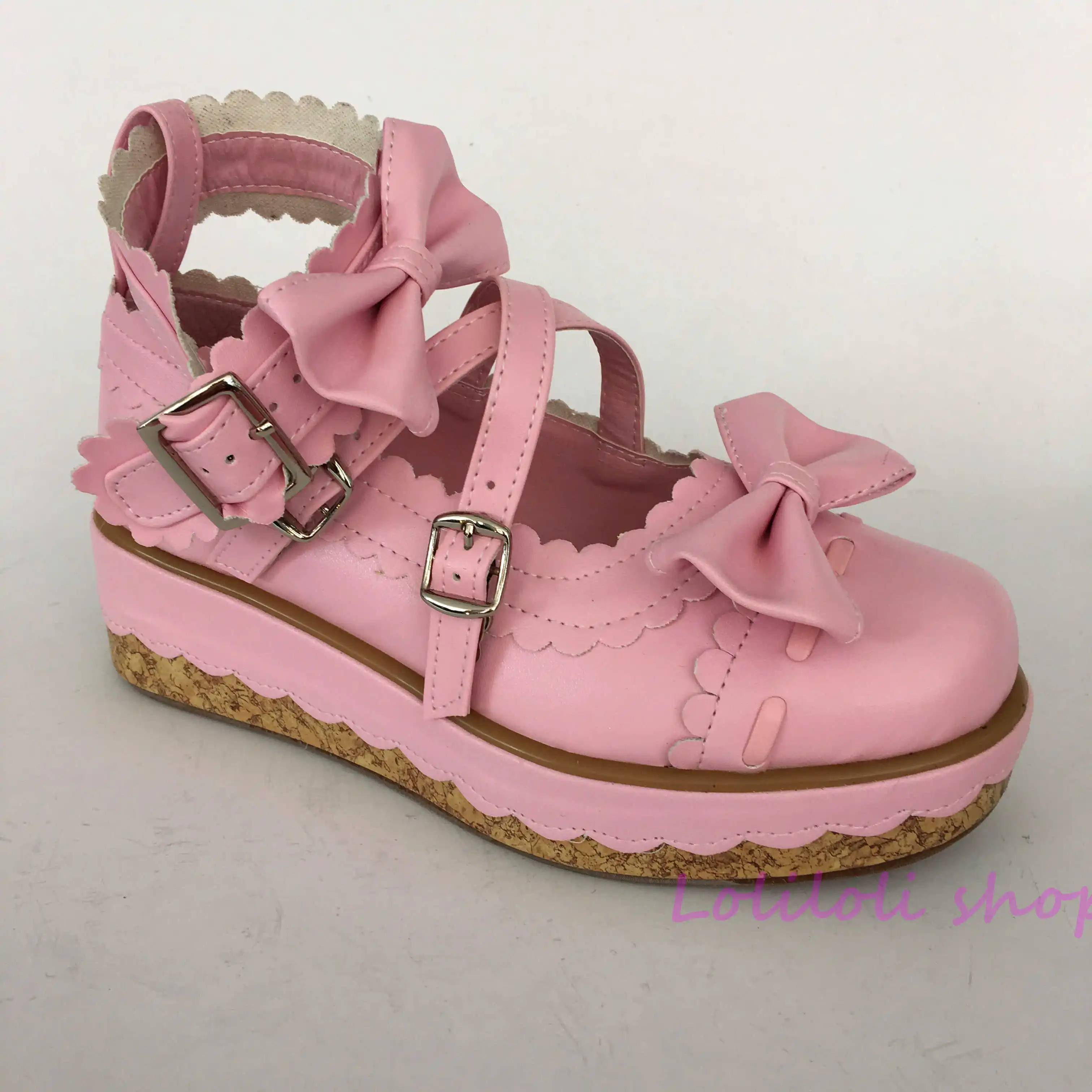 Princess sweet pink lolita shoes Bow buckle Shoe of sponge cake Customer customized large size By hand made lace an2002-8 Обувь
