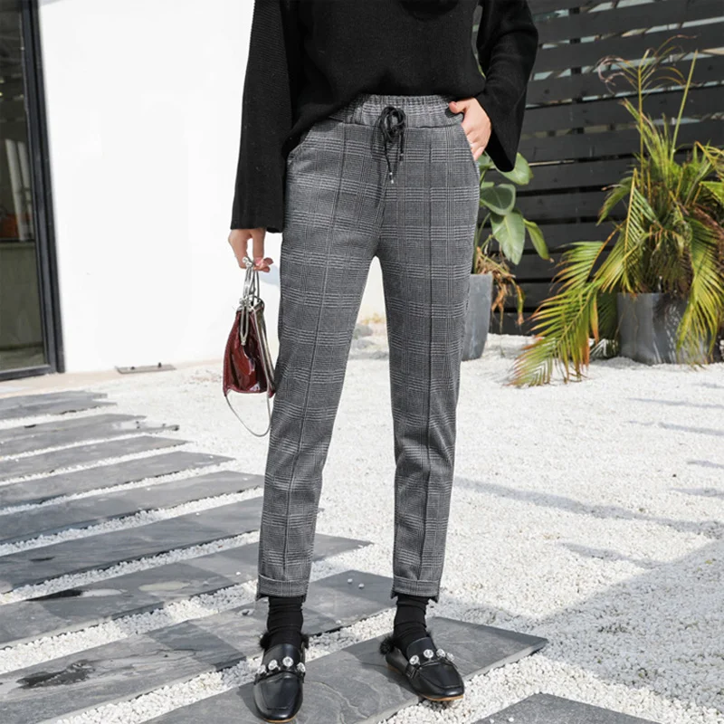 Spring 2019 new checked Hallen nine-point pencil pants Korean version of high-waist straight-barrel trousers | Женская одежда