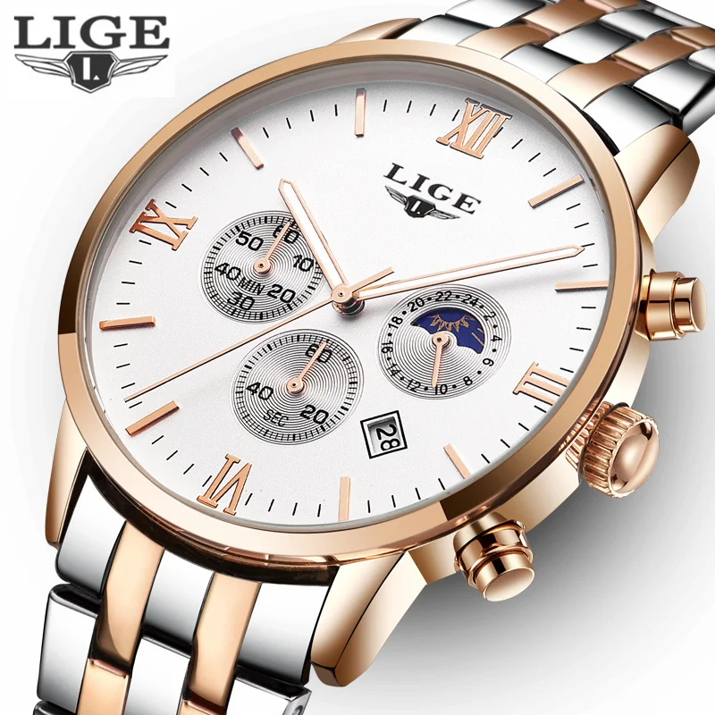 Мужские часы LIGE Moon Phase люксовый бренд полностью стальные мужские деловые модные