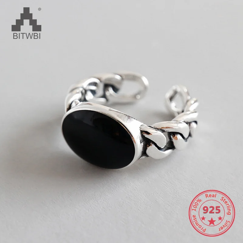 

Vintage Black Epoxy Chain Finger Rings for Women Genuine 925 Sterling Silver Opening Adjustable Ring Fine Jewelry