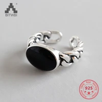 vintage black epoxy chain finger rings for women genuine 925 sterling silver opening adjustable ring fine jewelry
