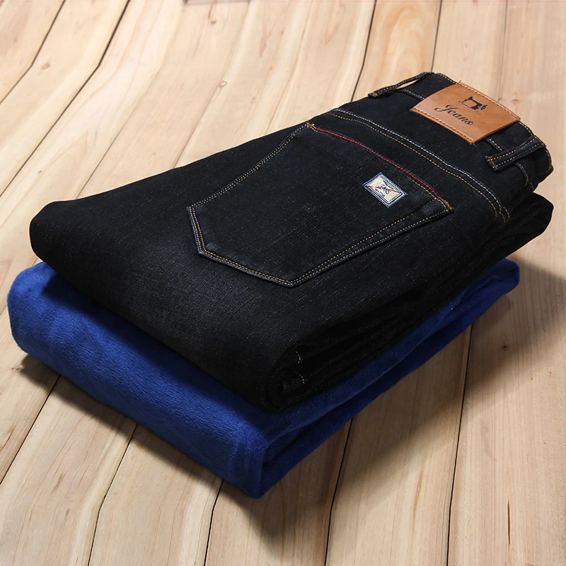 2018 Mens Winter Blue Fleece Jeans Lined Stretch Warm Designer Black Casual Trousers Male Pants Plus size 42 | Мужская одежда