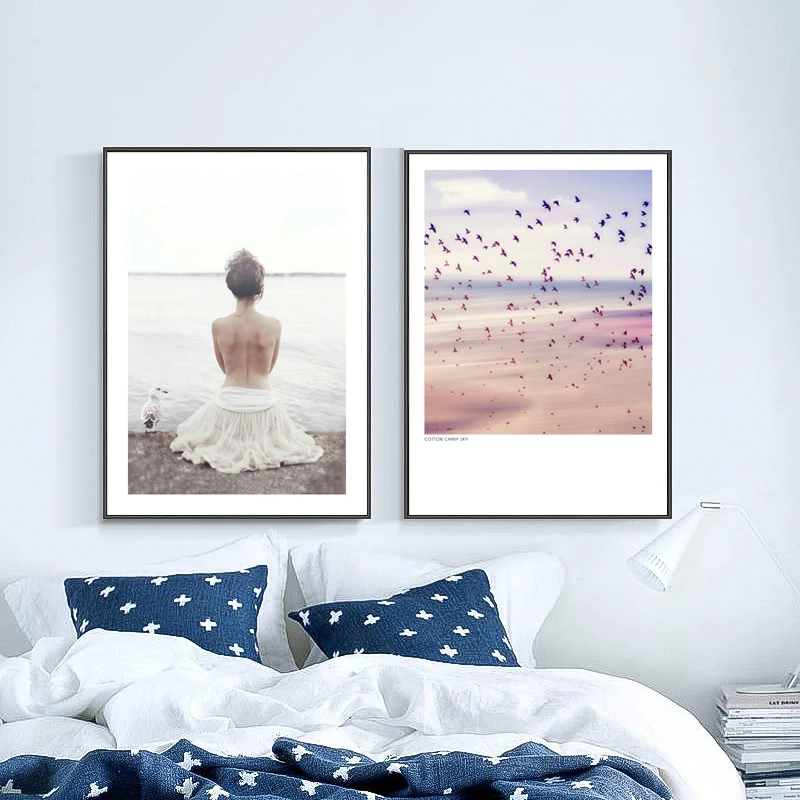 Feather Poster Nordic Print Girl Painting Scenery Quote Wall Prints Pink Bird Pictures For Bedroom Art Unframed | Дом и сад
