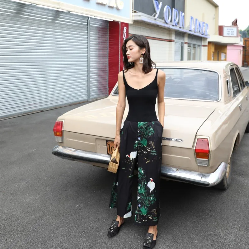 Cheerart Japanese Pants Women Vintage Songhak Print Wide Leg Pants Ankle Length Trousers Summer Loose Harajuku Flare Pants