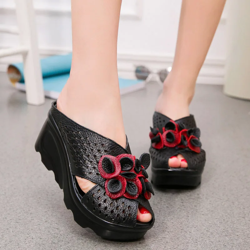 Женские сандалии на танкетке GKTINOO босоножки из натуральной кожи с цветочным