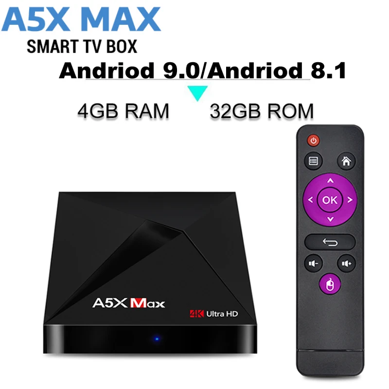 A5X MAX Android 8 1/Android 9 0 Смарт ТВ коробка RK3328 4 Гб + 32 ГБ 2 г WI FI Bluetooth Декодер каналов