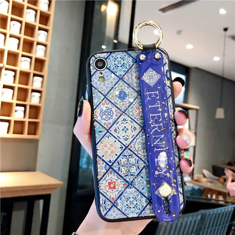 Style2 Блестящий Золотой чехол с цветами из фольги для iphone 11 Pro X Xs чехол для MAX XR для iphone 6 6s 7 8 Plus силиконовый мягкий ремешок на запястье Чехол - Color: Style2