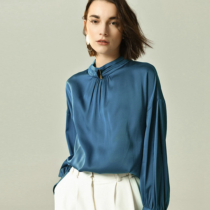 Женская блузка из 100% тяжелого шелка простой дизайн пуловер с длинными рукавами и