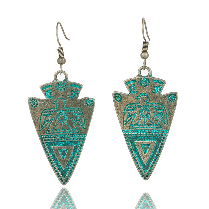 QIANKE Vintage Big Alloy Drop Earrings for Women Long Boho Ethnic Green Triangle Bronze Dangle Earring Fashion Jewelry Wholesale | Украшения