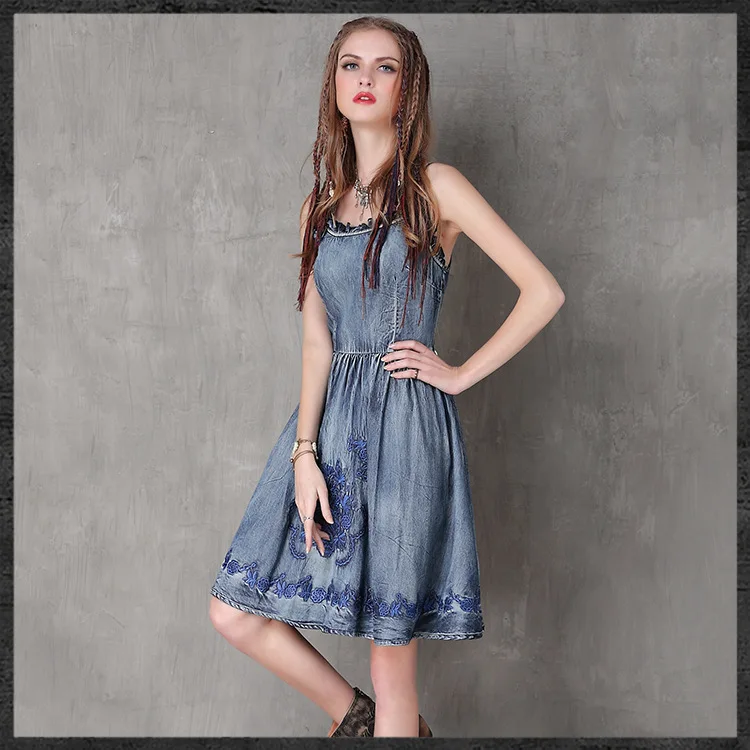 Женское джинсовое платье в стиле бохо винтажное облегающее без рукавов из