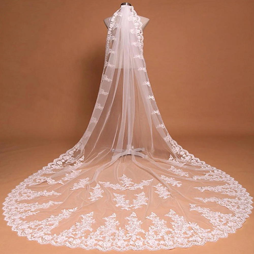 

MisShow Romantic White Ivory 3 Meters One Layer Long Wedding Veil Applique Edge Tulle Bridal Veil Wedding Accessories