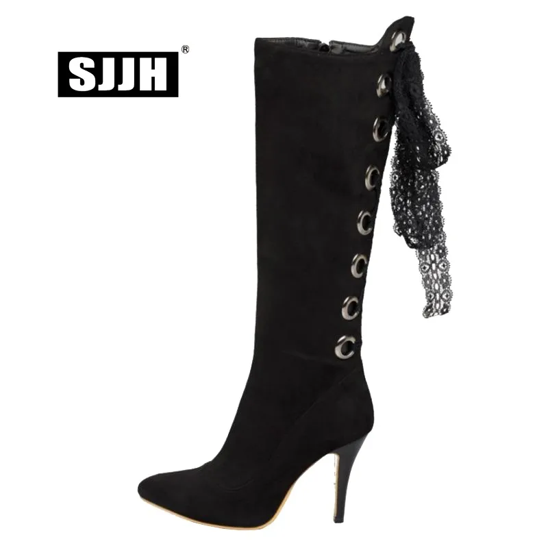 Женские длинные сапоги на шпильке SJJH флоковые до колена с острым носком и